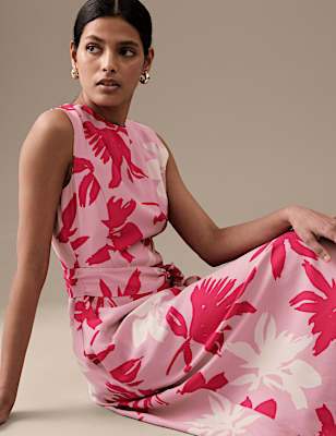 Printed Round Neck Midi Shift Dress