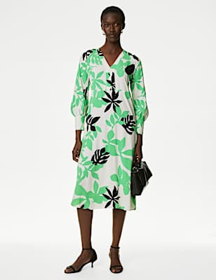 Leaf Print V-Neck Midaxi Smock Dress