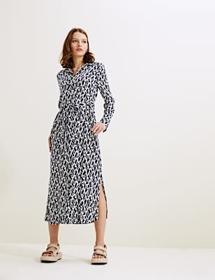 Cupro Printed Belted Midaxi Shirt Dress