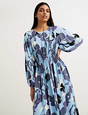 Floral Round Neck Midaxi Waisted Dress