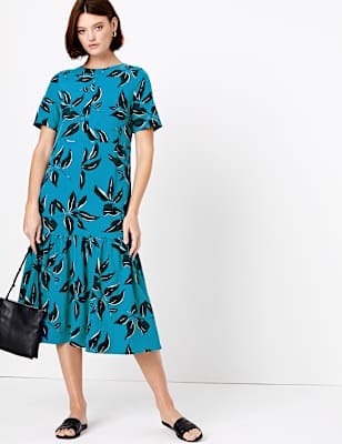 Leaf Print Midi Relaxed Dress