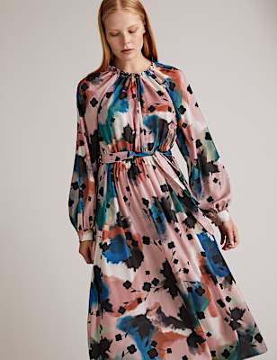 Abstract Floral Midaxi Waisted Dress