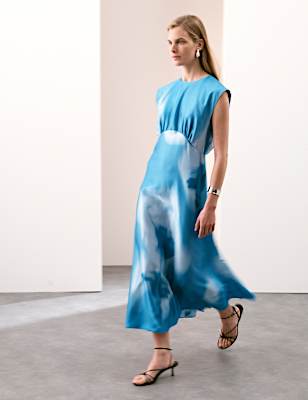 Cupro Rich Printed Round Neck Midaxi Waisted Dress