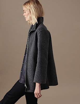 Wool Blend Herringbone Funnel Neck Coat