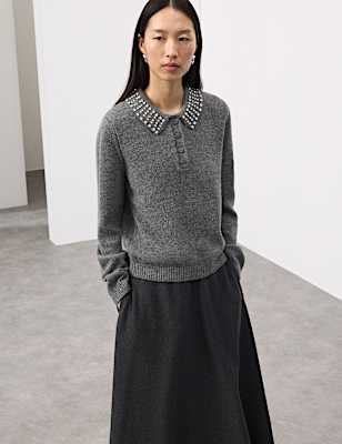 Embellished Polo Jumper with Wool