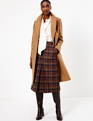 Wool Blend Checked A-Line Midi Skirt