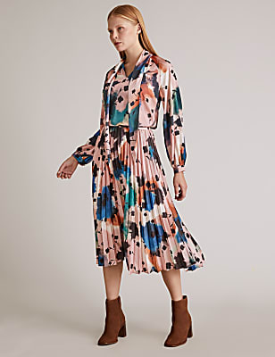 Abstract Floral Pleated Midi Skirt