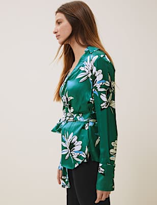 Satin Floral V-Neck Wrap Blouse