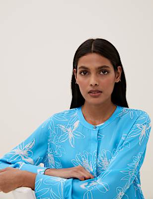 Satin Floral Collarless Longline Shirt