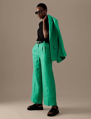 Pure Irish Linen Pleated Wide Leg Trousers