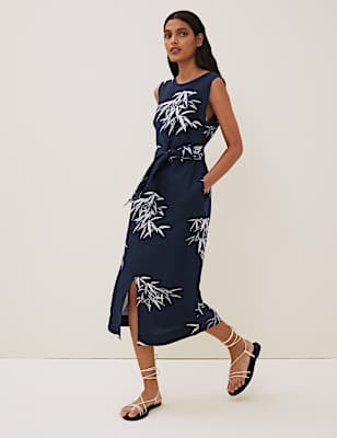 Irish Linen Printed Belted Midi Shift Dress