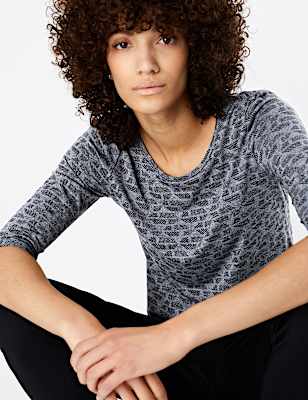 Jacquard Round Neck 3/4 Sleeve Top