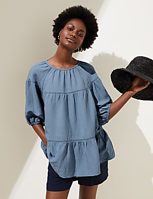 High Neck Puff Sleeve Top with Linen