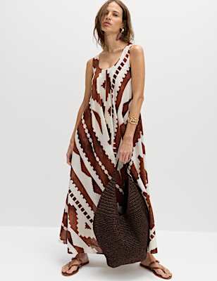 Pure Cotton Printed Scoop Neck Maxi Beach Dress