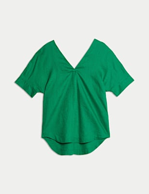 Pure Linen V-Neck Relaxed Popover Blouse