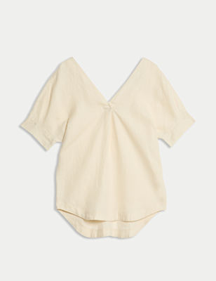 Pure Linen V-Neck Relaxed Popover Blouse