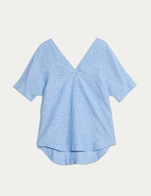 Pure Linen V-Neck Relaxed Popover Blouse