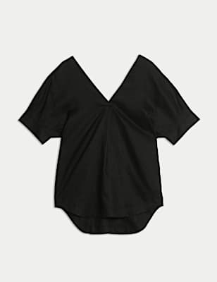 Pure Linen V-Neck Relaxed Popover Blouse