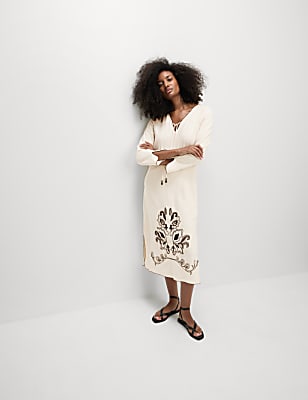 Linen Rich Embroidered Midi Shift Dress