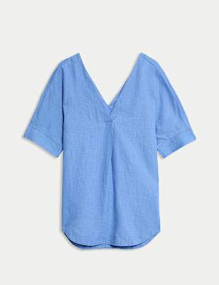 Pure Linen V-Neck Relaxed Popover Blouse