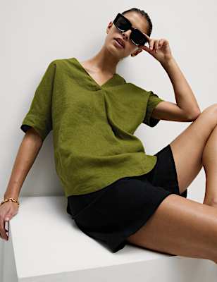 Pure Linen V-Neck Relaxed Popover Blouse