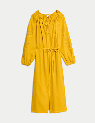 Linen Rich Broderie V-Neck Belted Midi Shift Dress