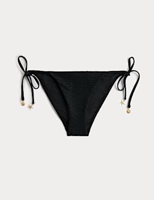 Textured Tie Side Trim Detail High Leg Bikini Bottoms