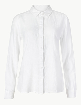 Pure Linen Plain Spread Collar Shirt