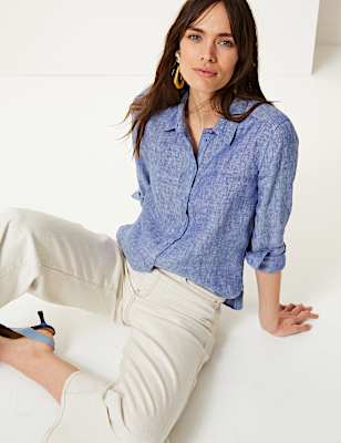 Pure Linen Plain Spread Collar Shirt