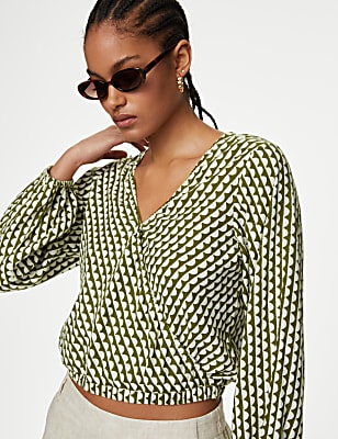 Linen Rich Printed V-Neck Wrap Top