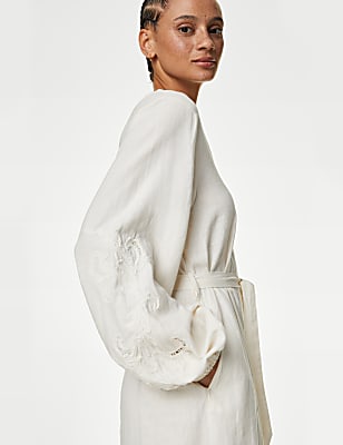 Linen Rich Embroidered Midi Shirt Dress