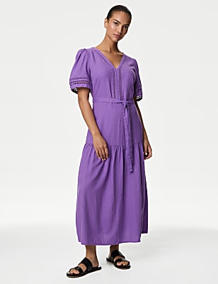Linen Rich Tie Waist Midaxi Shift Dress