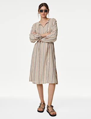 Linen Blend Striped Midi Shift Dress