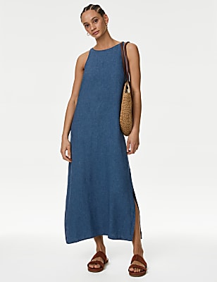Linen Rich Round Neck Midi Slip Dress