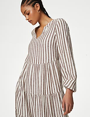 Linen Rich Striped V-Neck Midaxi Tiered Dress