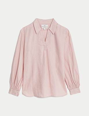 Pure Linen Collared Popover Blouse