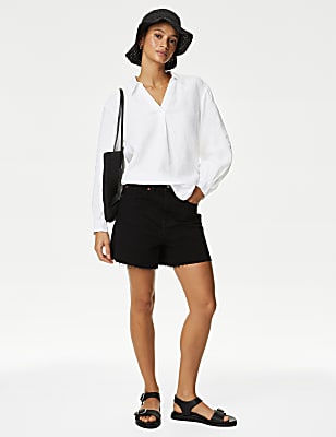 Pure Linen Collared Popover Blouse