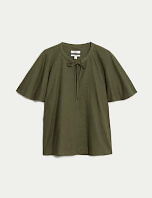 Linen Rich Tie Neck Angel Sleeve Blouse