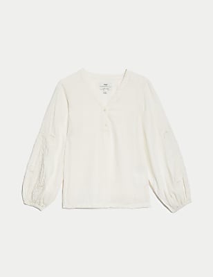 Linen Blend Embroidered V-Neck Blouse