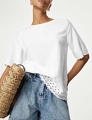 Linen Rich Broderie Regular Fit Top