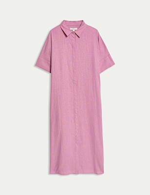 Linen Rich Collared Midi Shirt Dress