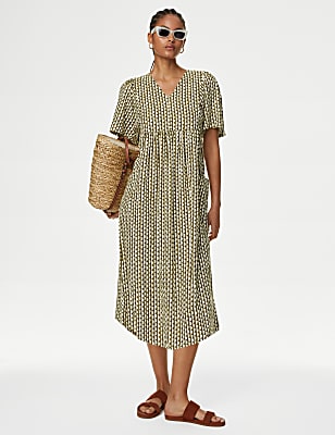 Linen Rich V-Neck Midi Kimono Shift Dress