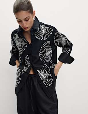 Linen Rich Embroidered Collared Relaxed Shirt