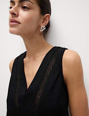 Linen Rich V-Neck Lace Insert Top