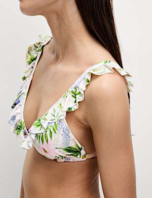 Printed Ruffle Plunge Bikini Top