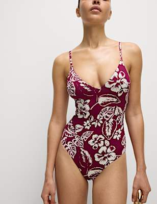 Tummy Control Palm Print Plunge Swimsuit