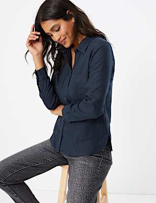 Pure Linen Button Detail Long Sleeve Shirt