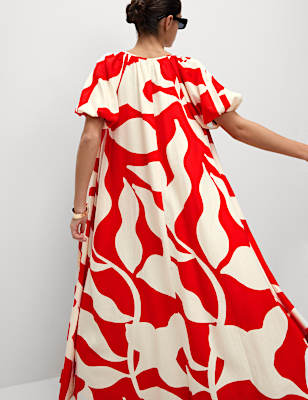 Linen Rich Printed Midi Swing Dress