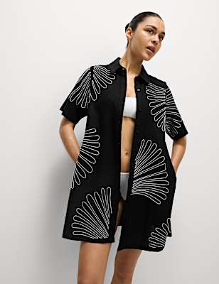 Linen Rich Embroidered Mini Shirt Dress