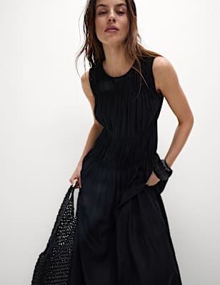 Linen Rich Ruched Midi Shift Dress